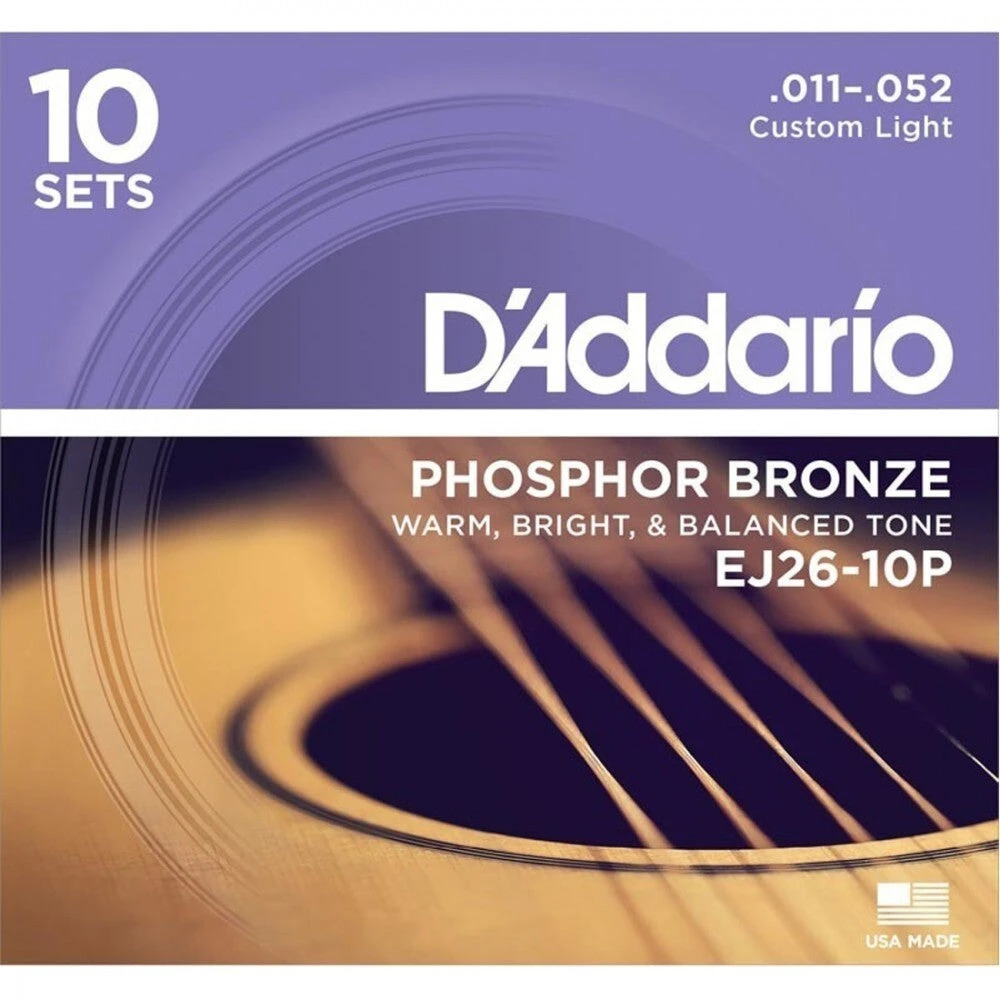 D'Addario EJ26-10P Phosphor Bronze Acoustic Guitar Strings, Custom Light, 11-52, 10 Sets 1 D'Addario EJ26-10P Phosphor Bronze Acoustic Guitar Strings, Custom Light, 11-52, 10 Sets