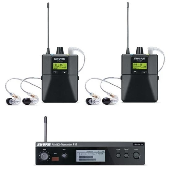 Shure PSM300 Twin Wireless IEM System; Includes 2x P3RA Bodypacks & 2x SE215-CL (J10 - 584-608 MHz) 1 Shure PSM300 Twin Wireless IEM System; Includes 2x P3RA Bodypacks & 2x SE215-CL (J10 - 584-608 MHz)