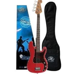 SX VEP34FR Bass Guitar Short Scale 3/4 Size Fiesta Red With Gig Bag